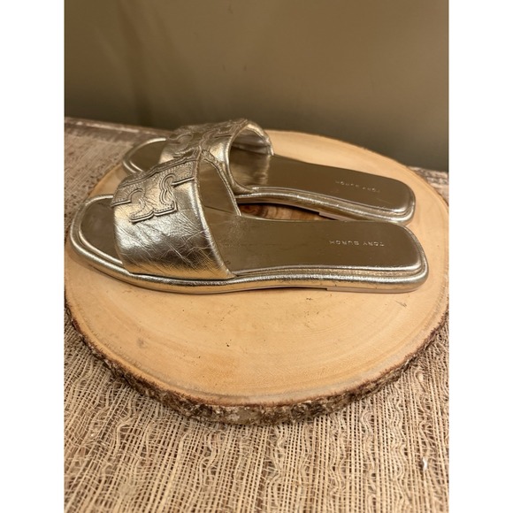 Tory Burch Double T Sport Slide Leather Sandals Gold Spark Sz-9.5 298$ - Picture 4 of 14